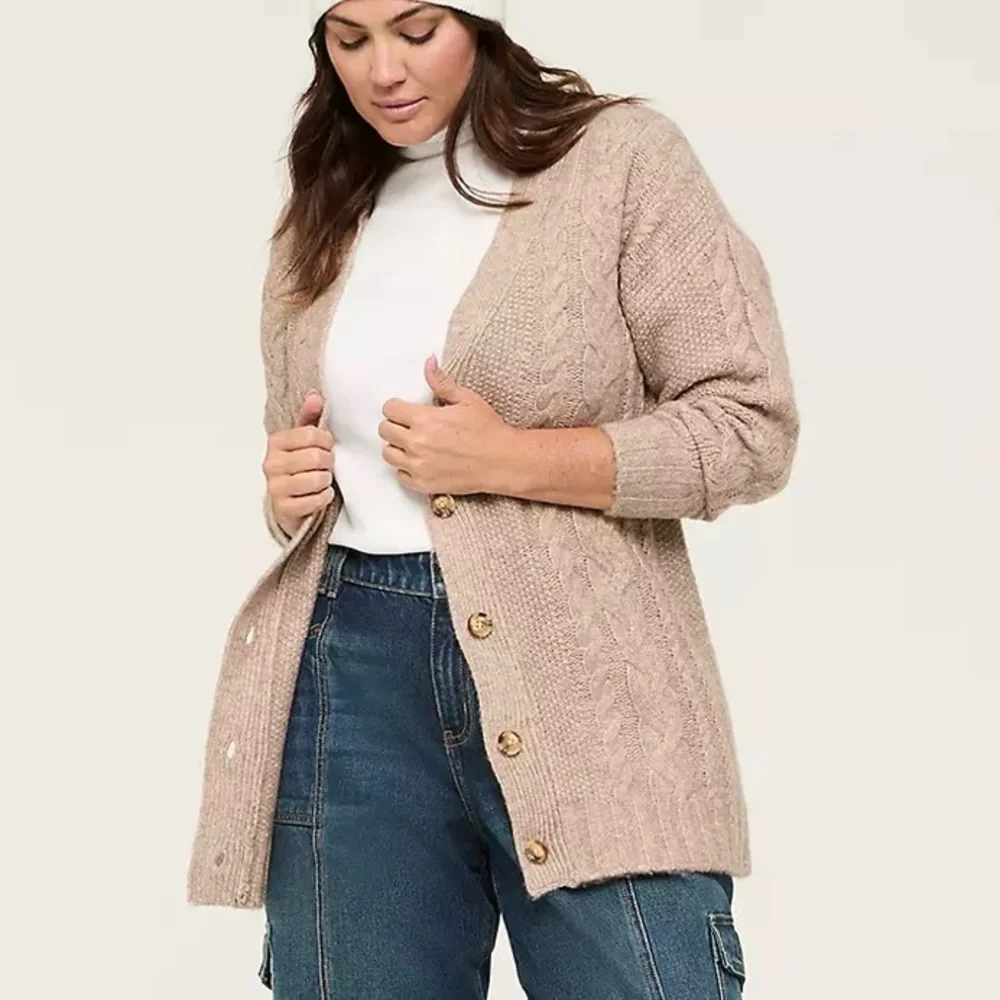 ❌SOLD❌ Lane Bryant Cardigan Sweater Button Size 26-28 Tan Brown Cozy Cable Knit - Picture 1 of 8